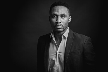Black and white portrait of attractive, beautiful, serious and stylish professional African American businesswoman in dark suit and white shirt isolated on dark background. Low key. Selective focus