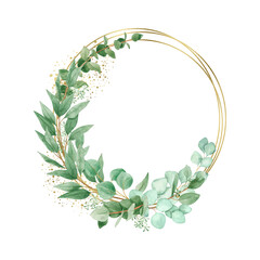 Watercolor eucalyptus wreath with geometric gold element isolated on a white background, hand-drawn. For wedding invitation, textile, greeting card, sublimation design, wrapping. © Outlander1746