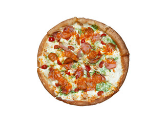 Traditional Italian fast food. Pizza with green pesto sauce, bacon, sausage, meat, ham, chicken, tomatoes, cheese, herbs and spices on a thin dough with sides. The concept of obesity, unhealthy food.