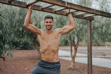 young man exercises with face mask outdoors