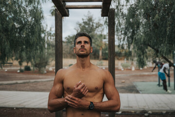 young man exercises with face mask outdoors