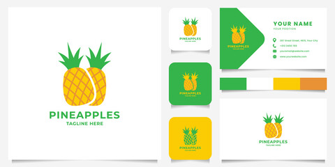 Colorful pineapple flat design logo with business card, icon, and color palette