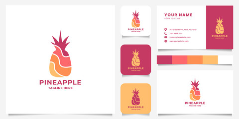 Colorful pineapple flat design logo with business card, icon, and color palette