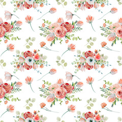 Watercolor floral seamless pattern of pink and red roses, wildflowers and eucalyptus branches, illustration on white background