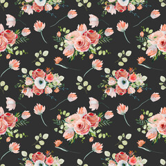 Watercolor floral seamless pattern of pink and red roses, wildflowers and eucalyptus branches, illustration on dark background
