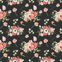 Foto op Aluminium Watercolor floral seamless pattern of pink and red roses, wildflowers and eucalyptus branches, illustration on dark background © nastyasklyarova