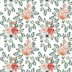 Watercolor floral seamless pattern of pink and red roses and wildflowers, and green branches, illustration on white background