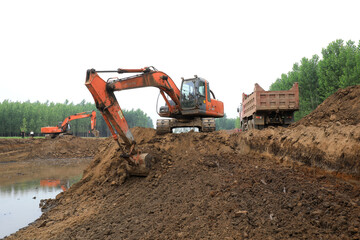Excavator in construction of water conservancy project, North China