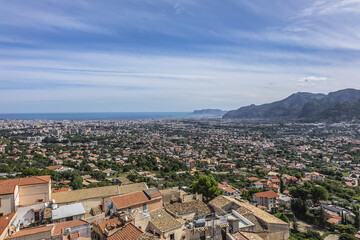 Fototapeta na wymiar Aerial view of Monreale city from Cathedral of Monreale. Monreale - town and commune in the Metropolitan City of Palermo. Sicily, Italy, Europe.