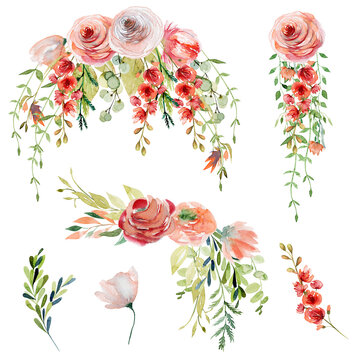 Set of watercolor spring floral bouquets and compositions of tender wildflowers, green leaves and branches; hand painted isolated illustrations on a white background