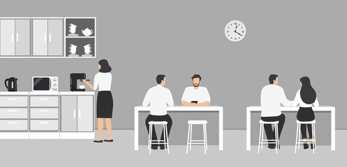 Office kitchen. Dining room in the office. Employees are sitting at the table. Coffee break. There are kitchen cabinets, a microwave, a kettle and a coffee machine in the image. Vector illustration.