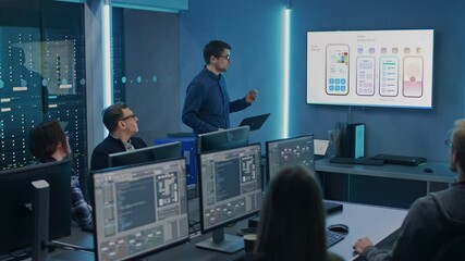 Tech Department Conference Room Meeting: IT Specialist Doing Food Delivery Software App Presentation to a Diverse Team of Engineers, Professionals, Explaining UI UX Working, Customer Support - Powered by Adobe