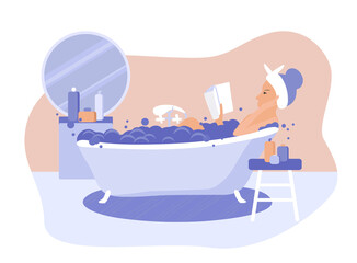 Happy woman takes a bath and reads book vector flat illustration. Modern bathroom interior design. Relaxation during hygienic or spa procedure conceptbeauty spa at home, relax washing in foam bubbles.