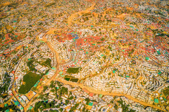 Aerial view of a huge refugee camp with makeshift houses near Myanmar border, Kutupalong Rohingya camp near Ukhia town, Bangladesh.