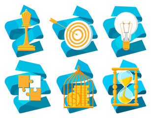 Vector illustration metaphor with set, collection image of chess piece, money, stack gold coins, puzzle, hourglass, cage, light bulb. Background is folded ribbon. Concept business, metaphors, success.