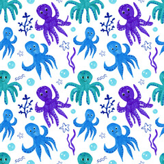 Seamless pattern with hand-drawn cute octopus illustration. For kids , backgrounds., prints. 