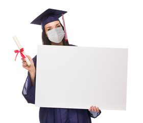 Graduating Female Wearing Medical Face Mask and Cap and Gown  Holding Blank Poster Board Isolated on a White Background