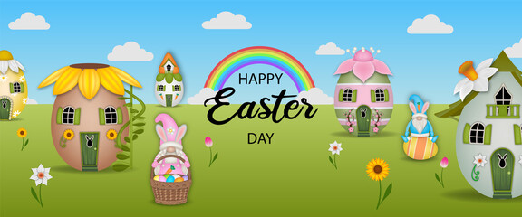 happy easter day banner with egg-shaped houses and gnomes 
