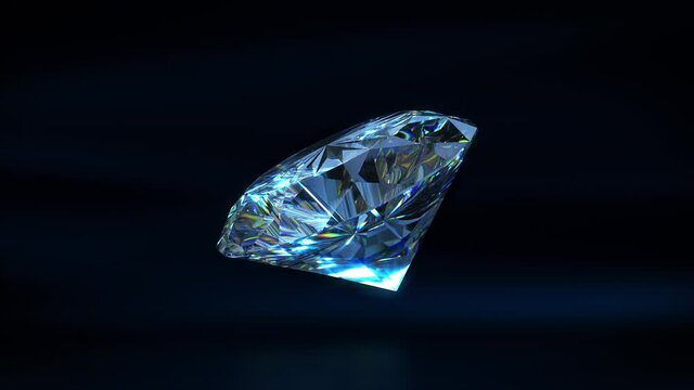 Realistic 3D diamond rotate loop and glow light effect on dark blue background with 3d rendering.
