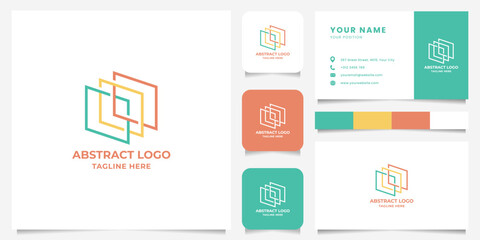Simple and minimalist colorful line art abstract rectangle logo with business card, icon, and color palette