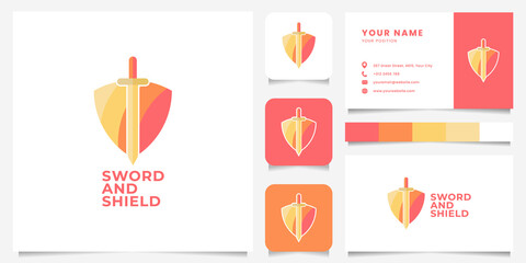 Colorful gradient sword and shield logo with business card, icon, and color palette