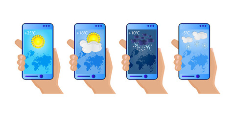 Set of hands holding phone with weather app, cloudy, rainy, snowy and sunny day. Touchscreen device with different seasons, daily temperature and world map. Weather icons. Stock vector illustration