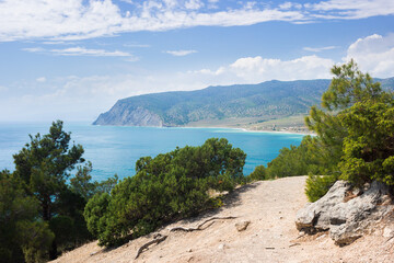 The Black Sea coast near Novy Svet, South-Eastern Crimea. View of Cape Ai-Foka and Kutlakskaya Bay (the Bay of Kutlak).