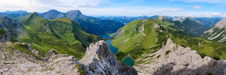 View from Lachenspitze mountain peak towards Traualpsee and Vilsalpsee lakes, at the end of the via...