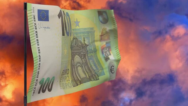 100 EURO waving flag 3D seamless loop animation 4k. One hundred EURO Flag on pole with sky background