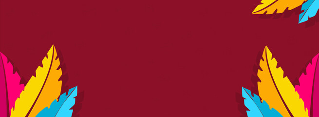 Carnival background with colorful feathers on red background.