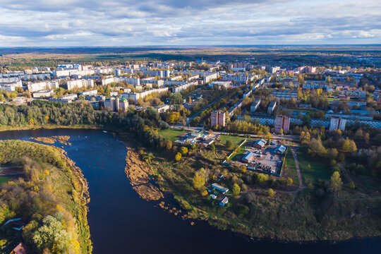 Kingisepp, town and the administrative center of Kingiseppsky District of Leningrad Oblast, Russia, with Luga River, aerial drone summer view, former Yamburg