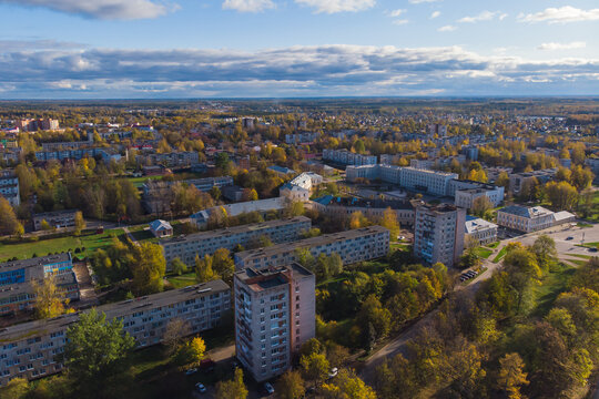 Kingisepp, town and the administrative center of Kingiseppsky District of Leningrad Oblast, Russia, with Luga River, aerial drone summer view, former Yamburg