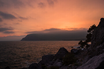 The Black Sea coast near Novy Svet, South-Eastern Crimea. View of Cape Ai-Foka and Kutlakskaya Bay...