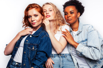 diverse multi nation girls group, teenage friends company cheerful having fun, happy smiling, cute posing isolated on white background, lifestyle people concept, african-american and caucasian