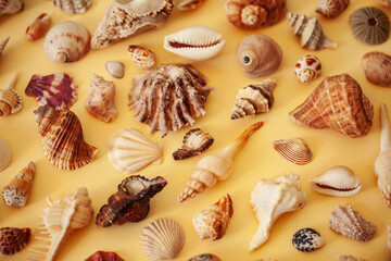 a lot of different empty sea shells on yellow background, macro details
