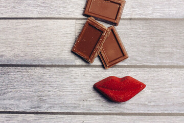 chocolate bar red lips marmalade sweets dessert top view