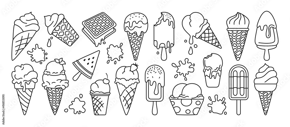 Wall mural ice cream black line set. chocolate, vanilla cartoon ice cream cone fruit, mint, berry. kawaii icon 