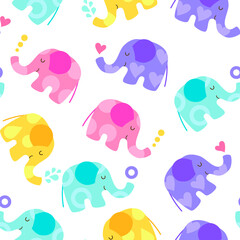 Seamless pattern of four cute characters cartoon kawaii elephants: pastel blue, yellow, lilac and pink with dfferent patterns on white background. Baby children colors. Flat vector illustration