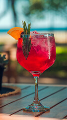 Refreshing red cherry cocktail with ice in glass on the table on sunny day in front of the sea, Guanacaste Costa Rica