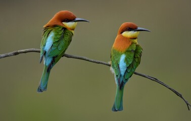Head to back, orange, black eye band, neck and chest, bright yellow chest with small black and orange stripes, green body, shiny blue rump There is no distance in the middle of a long cape.
