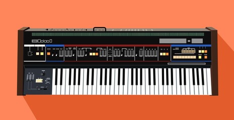 Realistic analog synthesizer. Keyboard for making music. Legendary model of a musical instrument in vector. Black and white keys.