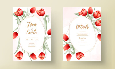 Naklejka premium Beautiful red tulip flower wedding invitation card