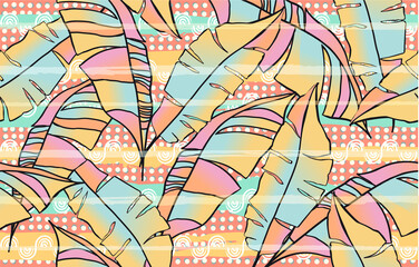 Tropical pattern with leaves, dots and pretty colors. Surface pattern design for decoration and textiles