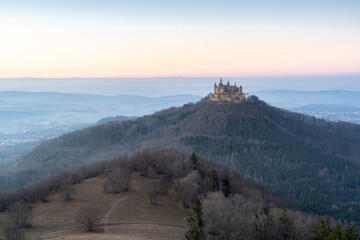Fototapeta na wymiar castle sunrise in the mountains