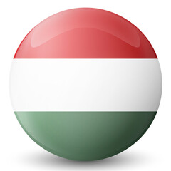 Glass light ball with flag of Hungary. Round sphere, template icon. Hungarian national symbol. Glossy realistic ball, 3D abstract vector illustration highlighted on a white background. Big bubble.