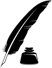 Vector illustration of a simple, two-color, black and white quill and inkwell.