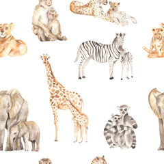 Obraz na płótnie Canvas Watercolor seamless pattern mom and baby with lions, leopards, elephants, giraffes, zebras, lemurs, monkeys on a white background