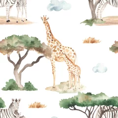 Tapeten Watercolor seamless pattern of mom and baby giraffes, zebras in the African savannah with acacias and dry grass on a white background © MarinaErmakova