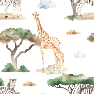 Watercolor seamless pattern of mom and baby giraffes, zebras in the African savannah with acacias and dry grass on a white background © MarinaErmakova