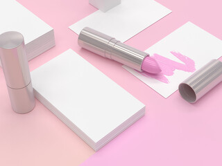 3d Render of Branding Makeup with Lipstick and Smudge in Pink and Cream Background